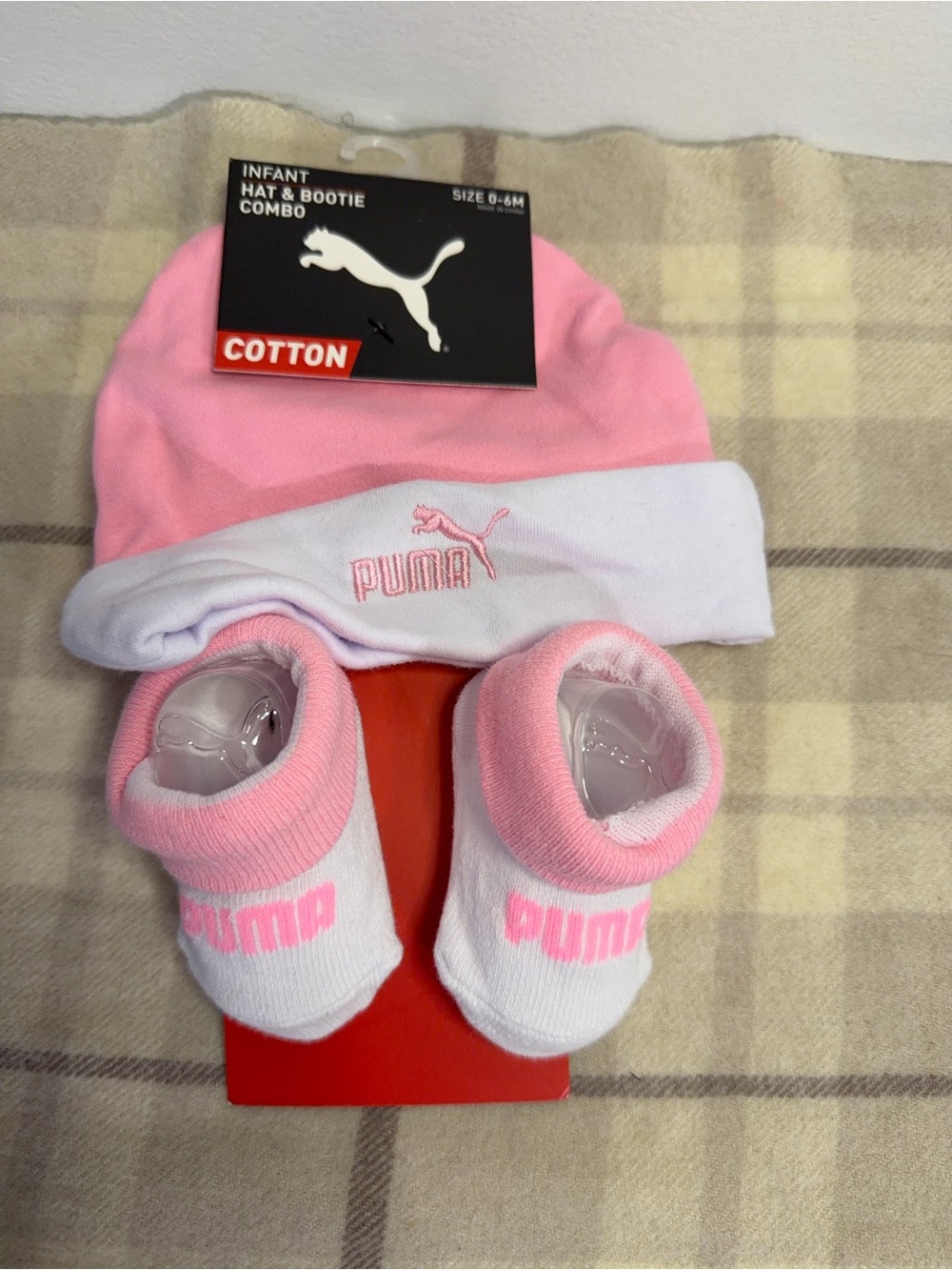 Puma Pink and White Infant Hat & Booties Set